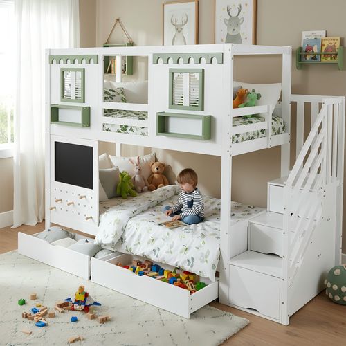 Lit superposé enfant 90x200 cm + 140x200 cm - avec armoire et escalier de rangement - en bois