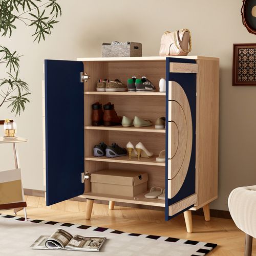 Meuble à Chaussures Moderne 3 Portes Design Géométrique Rangement Multi-niveaux,bleu
