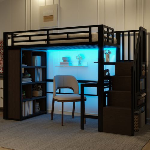 Lit Mezzanine 90 X 200 Cm Avec Bureau, Éclairage LED Et Rangement, Cadre En Métal Et Mdf,noir