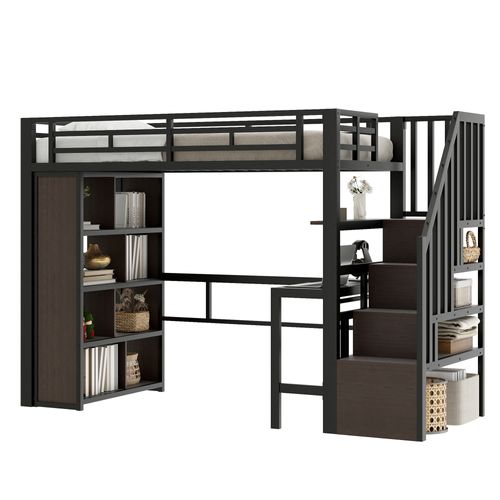 Lit Mezzanine 90 X 200 Cm Avec Bureau, Éclairage LED Et Rangement, Cadre En Métal Et Mdf,noir