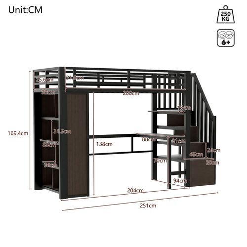 Lit Mezzanine 90 X 200 Cm Avec Bureau, Éclairage LED Et Rangement, Cadre En Métal Et Mdf,noir