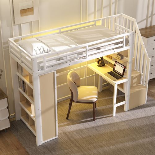 Lit Mezzanine 90 X 200 Cm Avec Bureau, Éclairage LED Et Rangement, Cadre En Métal Et Mdf,blanc