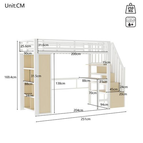 Lit Mezzanine 90 X 200 Cm Avec Bureau, Éclairage LED Et Rangement, Cadre En Métal Et Mdf,blanc