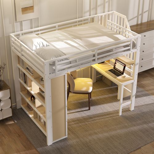 Lit Mezzanine 140 X 200 Cm Avec Bureau, Éclairage LED Et Rangement, Cadre En Métal Et Mdf,blanc