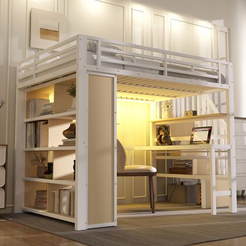 Lit Mezzanine 140 X 200 Cm Avec Bureau, Éclairage LED Et Rangement, Cadre En Métal Et Mdf,blanc