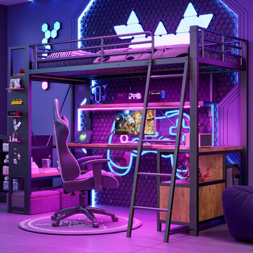 Lit Mezzanine 90 X 200 Cm Avec LED, Bureau, Étagères, Stockage Et Prises USB,noir