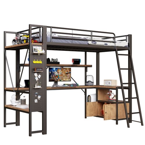 Lit Mezzanine 90 X 200 Cm Avec LED, Bureau, Étagères, Stockage Et Prises USB,noir
