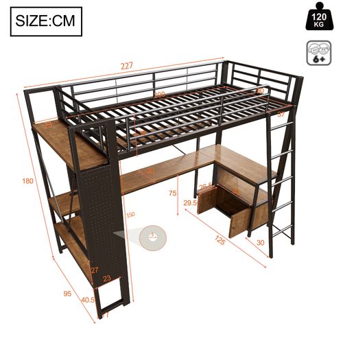 Lit Mezzanine 90 X 200 Cm Avec LED, Bureau, Étagères, Stockage Et Prises USB,noir