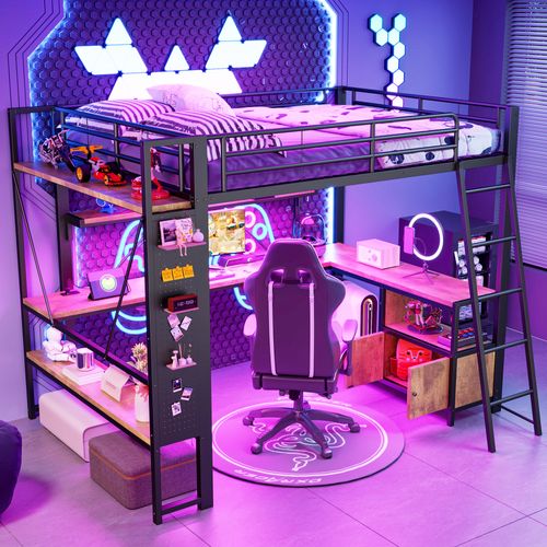 Lit Mezzanine 140 X 200 Cm Avec LED, Bureau, Étagères, Stockage Et Prises USB,noir