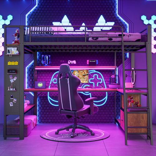 Lit Mezzanine 140 X 200 Cm Avec LED, Bureau, Étagères, Stockage Et Prises USB,noir