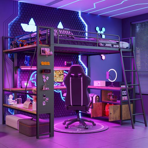 Lit Mezzanine 140 X 200 Cm Avec LED, Bureau, Étagères, Stockage Et Prises USB,noir