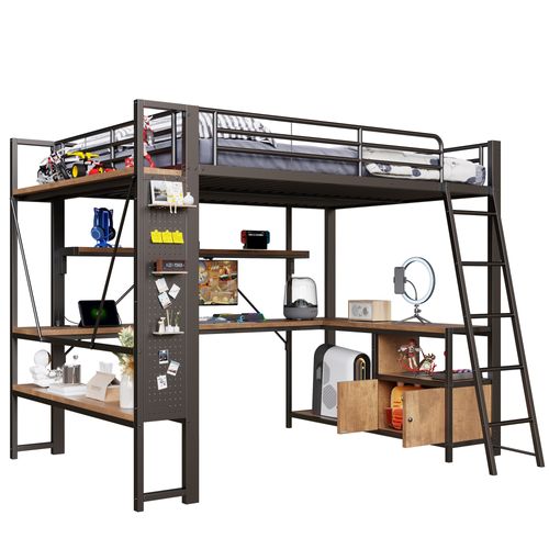 Lit Mezzanine 140 X 200 Cm Avec LED, Bureau, Étagères, Stockage Et Prises USB,noir