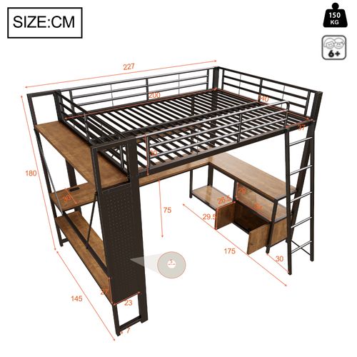Lit Mezzanine 140 X 200 Cm Avec LED, Bureau, Étagères, Stockage Et Prises USB,noir