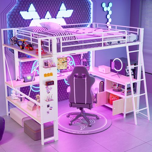 Lit Mezzanine 140 X 200 Cm Avec LED, Bureau, Étagères, Stockage Et Prises USB,blanc