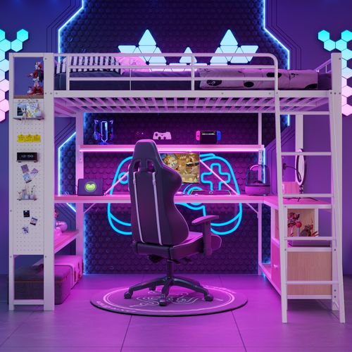 Lit Mezzanine 140 X 200 Cm Avec LED, Bureau, Étagères, Stockage Et Prises USB,blanc