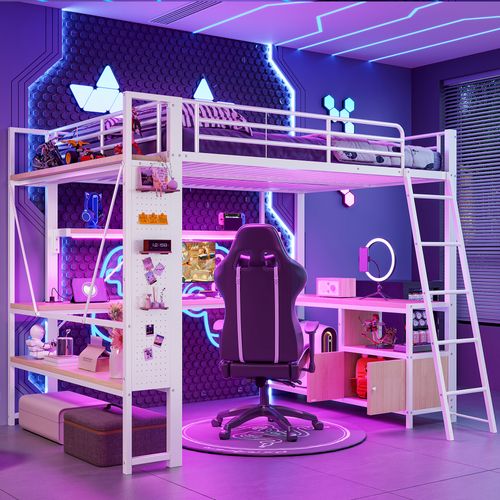 Lit Mezzanine 140 X 200 Cm Avec LED, Bureau, Étagères, Stockage Et Prises USB,blanc