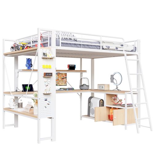 Lit Mezzanine 140 X 200 Cm Avec LED, Bureau, Étagères, Stockage Et Prises USB,blanc