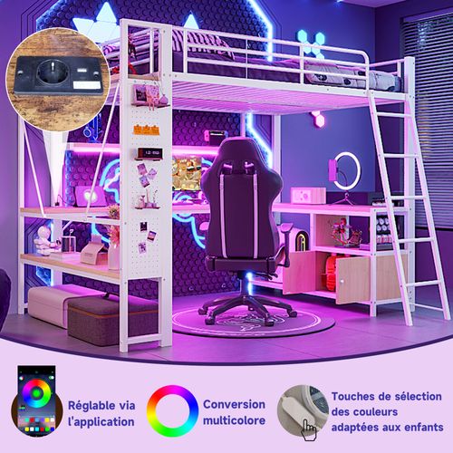 Lit Mezzanine 140 X 200 Cm Avec LED, Bureau, Étagères, Stockage Et Prises USB,blanc