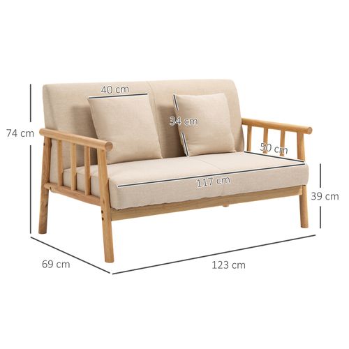 Canapé Double En Lin 123x69x74cm, Avec 2 Coussins Lombaires, Beige