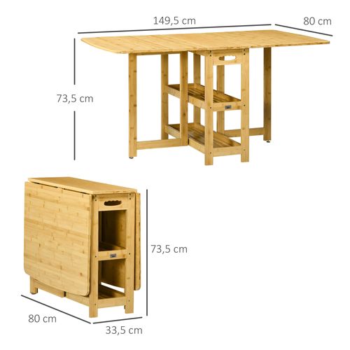 Table à Manger Pliante De Cuisine Avec Compartiments De Rangement 149,5x80x73,5cm, Bois De Bambou