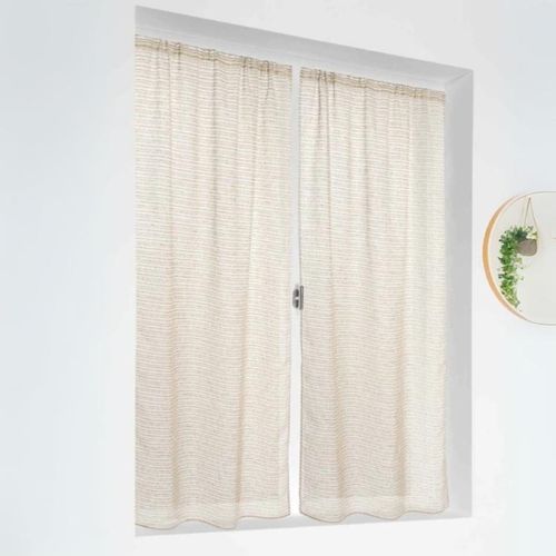 Paire De Petits Voilages Poly-lin-coton à Fines Rayures - 55x120 Cm - Bleu