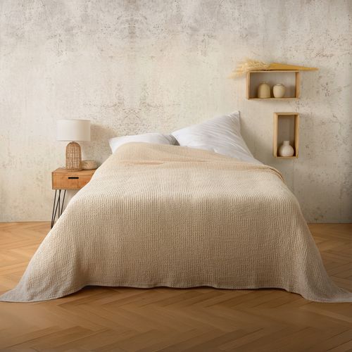 Plaid Ou Couvre Lit 100% Coton Nid D’abeille - 125x150 Cm - Beige
