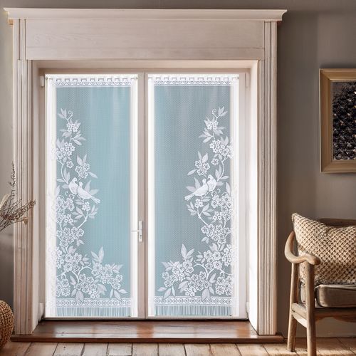 Paire De Vitrages Frangés En Dentelle Oiseaux Et Fleurs - 60x220 Cm - Blanc
