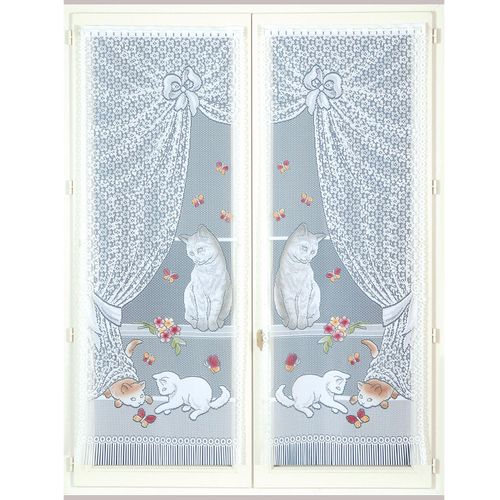 Paire De Petits Voilages Dentelle Chatons Et Franges - 60x120 Cm - Bleu