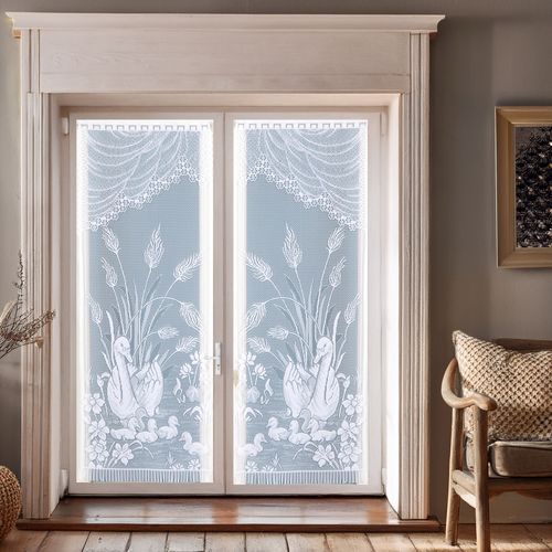 Paire De Vitrages Frangés En Dentelle Avec Cygnes - 60x120 Cm - Blanc