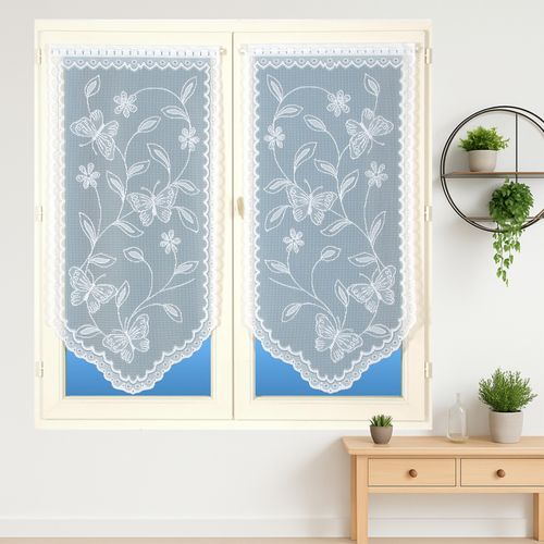 Paire De Vitrages Base Découpée Dentelle Papillons - 60x120 Cm - Blanc