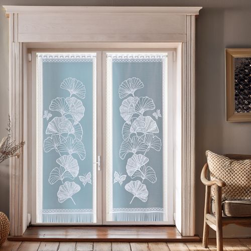 Paire De Vitrages Frangés Dentelle Motif Ginkgo - 60x120 Cm - Blanc