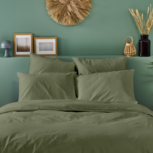 Parure De Lit Unie 1 Personne 140x200cm Percale Kaki