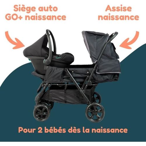 Poussette Double Jumeaux - Combiné Poussette Double + Siege Auto I-size - 4 Roues - Noir