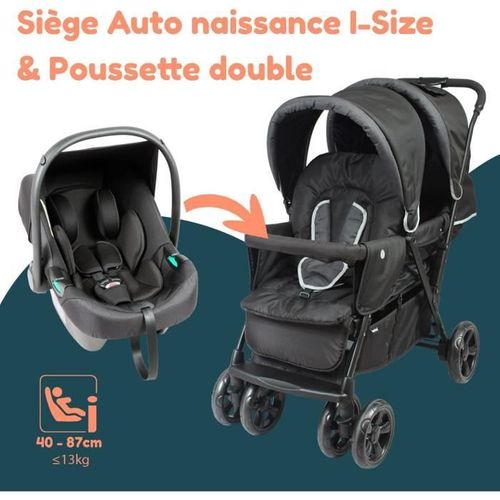 Poussette Double Jumeaux - Combiné Poussette Double + Siege Auto I-size - 4 Roues - Noir