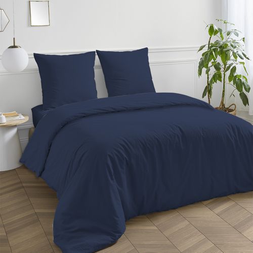 Housse De Couette En Coton 57 Fils Unie Bleu 240x220cm
