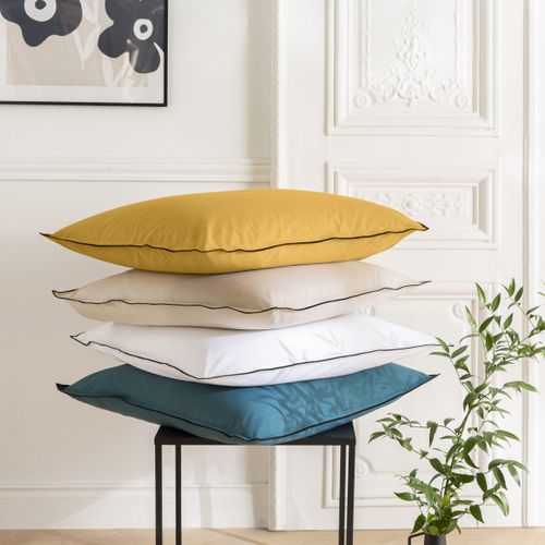 Lot De 2 Taies D'oreiller Unies En Coton Finition Bourdon Beige 65x65cm