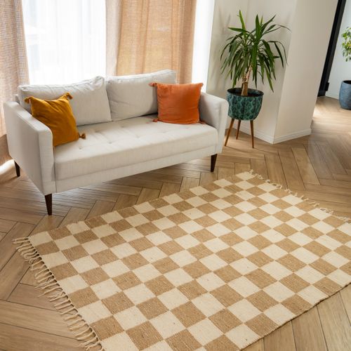 Tapis Déco Damier à Franges En Coton Et Jute