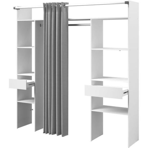 Kit Dressing Artic Avec Rideau Décor Blanc - 2 Colonnes + 2 Penderies + 2 Tiroirs - L198xp40xh203cm