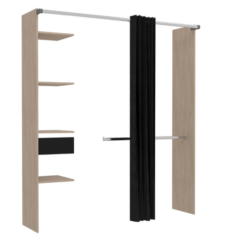 Armoire Botan G - 200cm, 4 Étagères, 1 Tiroir, 1 Tringle, 1 Rideau- Chêne