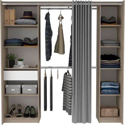 Kit Dressing - 2 Colonnes - 1 Tiroirs - 10 Étagères - Garance - 198 X 200,3 X 50 Cm - Chêne/blanc