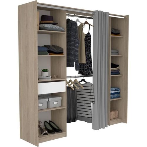 Kit Dressing - 2 Colonnes - 1 Tiroirs - 10 Étagères - Garance - 198 X 200,3 X 50 Cm - Chêne/blanc