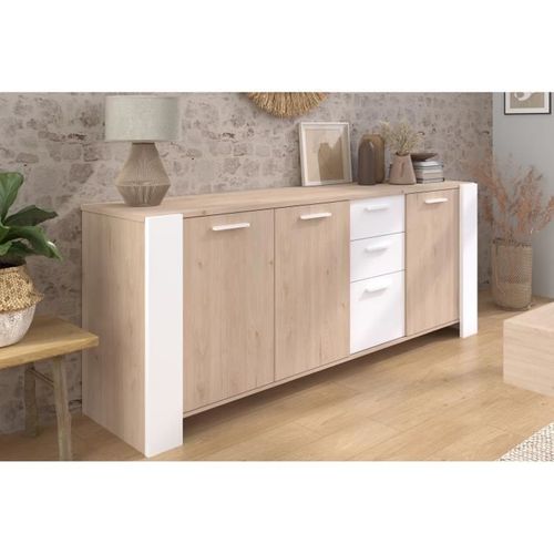 Buffet Bas - Loft - Chene / Blanc - 3 Portes - 3 Tiroirs -