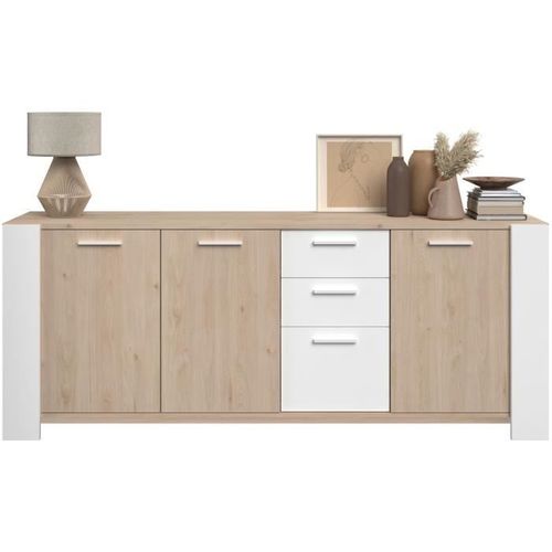 Buffet Bas - Loft - Chene / Blanc - 3 Portes - 3 Tiroirs -