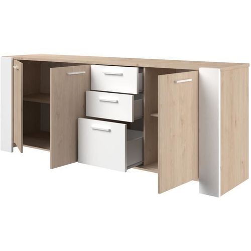 Buffet Bas - Loft - Chene / Blanc - 3 Portes - 3 Tiroirs -