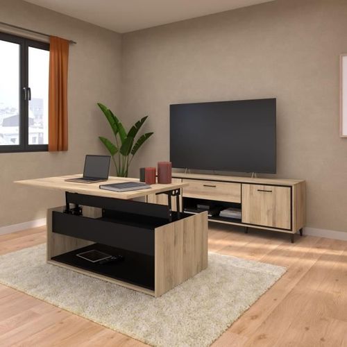 Table basse avec plateau relevable OSTARA imitation chêne et noir