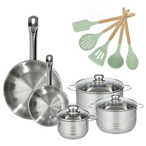 Lot 2 Poêles 20/28cm Et 3 Faitouts 16/20/24cm Fackelmann Etherna Avec 5 Ustensiles