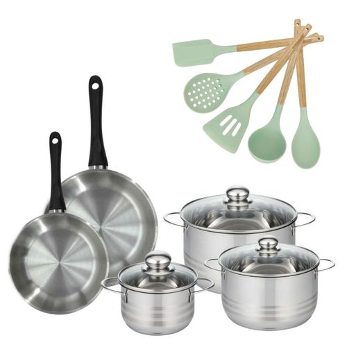 Lot De 2 Poêles 20/24cm Et 3 Faitouts 16/20/24cm Fackelmann Généva Avec 5 Ustensiles Océan