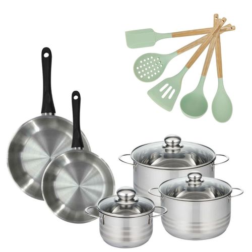 Lot 2 Poêles 24/28cm Fackelmann Geneva Avec 3 Faitouts 16/20/24cm Et 5 Ustensiles Océan