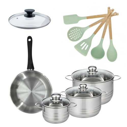 Lot 1 Poêle 24cm Avec Couvercle Fackelmann Généva Et 3 Faitouts 16/20/24cm Avec 5 Ustensiles Océan