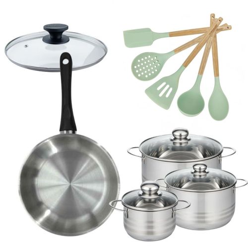 Lot Poêle 28cm Avec Couvercle Fackelmann Généva Et 3 Faitouts 16/20/24cm Avec 5 Ustensiles Océan